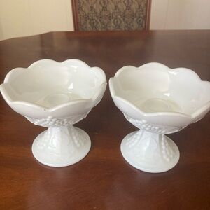 VTG Colony “Harvest” milk glass candle holders - grapes & leaf motif - USA